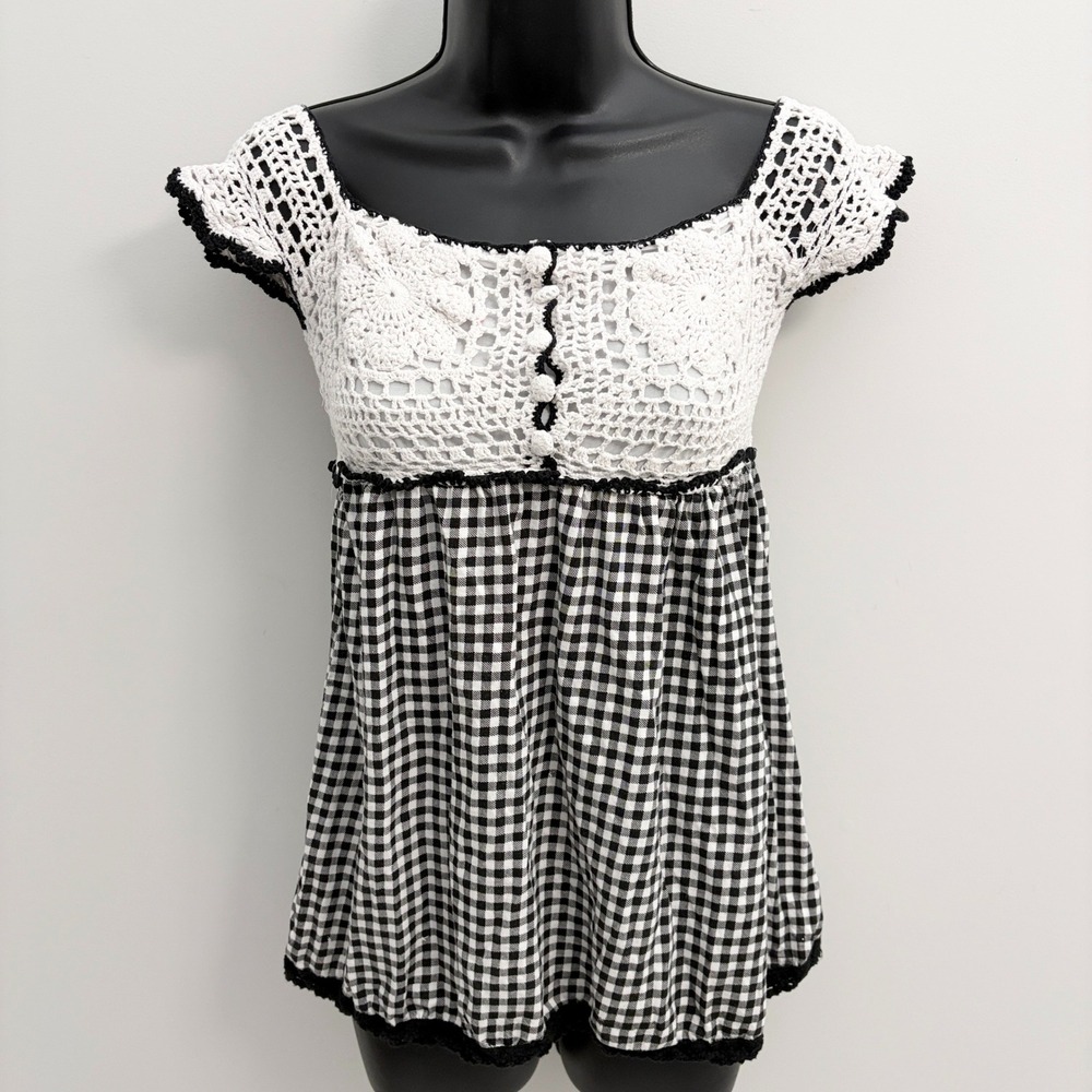 Babydoll Top Crochet Gingham Small Black White Kirin Kirin Vintage